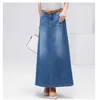 Korea Style Long Casual Denim Kjol Sommar Höst Kvinnor A-Line Plus Storlek Maxi Kjolar Kvinna Hög Midja Jeans No Belt 210604