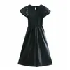 Black Faux Leather Midi Dress Mulheres Vintage O Neck Ruffle Manga Curta Elastic Ruched Mulher Flared Hem Es 210519