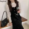 NAPOE Zarif Dantel Elbise Uzun Kollu Siyah Elbiseler Kadın Giyim Kore Yüksek Bel Vestidos Vintage Standı Boyun Corduroy Robe 210422