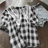 Korobov coreano doce laço patchwork peter pan colar blusas vintage manga curta verão camisas xadrez moda chique blusas mujer 210430