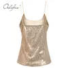 Summer Women Tank Top Sexy Gold Sequin Camis Club Wear Spaghetti Strap Tops 210415