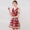 Rote Blume Stickerei Mesh V-Ausschnitt knielangen Kleid Sommer Kurzarm lässig süße Mädchen Mode Vestido de Mujer 210421