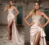 Elegante cetim sem alças vestidos de baile aso ebi renda appliqued frisado espartilho sexy formal vestidos de noite para mulheres alta divisão longa sereia segundo vestido de recepção 9199