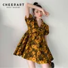 Jacquard Puff Sleeve Summer Dress Short Yellow Floral Ball Gown Collared Mini Gold Elegant Fashion 210427