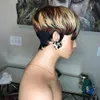 Parrucca corta Pixie Cut Bob Ombre Bionda Marrone / Nera Parrucca ondulata per capelli umani Senza pizzo anteriore Parrucche brasiliane per donne nere Densità 150%