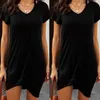 Женский чистый цвет V-образным вырезом с коротким рукавом, завязанные повседневные футболки платье черного х0521