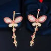 Luxury Micro Pave CZ Ruby Red Topaz Cute Silver Long Big Butterfly Dangle Earrings for Women Party Wedding Gift CZ763 210714