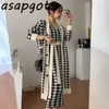 Chic Koreanische Lange Einreiher V-ausschnitt Plaid Gestrickte Jacke Pullover Sexy Spaghetti Strap Kleid mit Gürtel 2 Stück Set elegante 210610