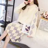 H.SA Female Sweater Pullovers Jumpers Hooded Two Piece Pullover and Skirt Sets Knit Suit Geomertric Casual Outwear 210417