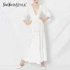 Weiße aushöhlen Kleider für Frauen V-Ausschnitt hohe Taille Spitze minimalistisches elegantes Kleid weiblichen Sommer 210520