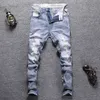 Ly Street Moda Mężczyźni Jeans Retro Light Blue Elastyczna Szczupła Ripped Zniszczony Haft Designer Hip Hop Denim Spodnie E4OE