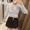 Zevity Frauen Mode Faux Pelz V-ausschnitt Patchwork Lace Up Cardigan Stricken Pullover Weibliche Chic Langarm Offene Dünne Tops s432 210603