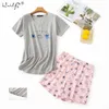 Mulheres verão confortável pijama bonito conjunto menina impressão pijama manga curta sleepwear terno camiseta s 210831