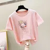 Manga curta Tshirt Roupas Mulheres Rosa Verão Tops Mulheres T-Shirts Laranja Beading Tshirt Coreano Moda Casual Kawaii Tees 210604