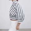 AELEGANTMISリネンディープVネックストライプショートブラウス女性夏カジュアル3クォーターLLAXクロップファッションエレガントなシャツ210607