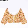 Woman Vintage Orange Floral Print Tshirt Casual Center Bandage Tie Women T-shirt Summer Crop Top Female Clothes Tops 210520