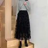 Se Thrugh Black Mesh Florl Print Broderi Kjolar Kvinnor Tulle Tyg Retro Hög Midja Fluffy Kläder Kvinna Casual Loose Jupe 210417