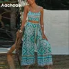 Summer Casual Drukowane 2 sztuki Zestaw Kobiety Czeski Pasek Spaghetti Top Bow Tie Szerokie Spodnie Niski Wakacyjne Stroje 210413