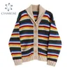 Rainbow Striped Sweater Women Spring Långärmad Cardigan Retro Casual Korean Pocket In E-Girl Lapel Knitwear And Knittd Tops 210417