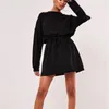 Femmes décontracté o-cou automne ceintures robe ample couleur unie à manches longues Streetwear taille élastique à la mode Mini robe coton robe 210412