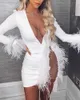 Women See Through Nightclub Dress Mesh Inserted Embellished Party Dress Sexy White Feather Mini Dress Y0726