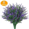 Guirnaldas de flores decorativas 8 paquetes / paquete Lavanda falsa artificial Arbustos resistentes a los rayos UV Plantas que no se desvanecen Faux Plastic Greenery para la decoración del hogar