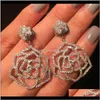 Diseñador de lujo de moda Diamantes súper chispeantes Zirconia Camelia Pendientes colgantes de flores para mujeres Niñas Poste de plata Mleee Zscel3584022