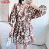 Fashion Women Flowers Print Shirt V Neck Long Sleeve Ladies Mini Dress 5Z105 210416