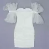 Högkvalitativa kvinnor Sexiga Mesh Ruched Vit Elegant Bandage Dress Ladies Club Celebrity Bodycon Party Vestido 210527