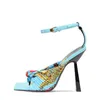 2021 Dames Dames Lederen Spoel Hoge Hakken Sandalen Peep Toe Zomer Gesp Strap Casual Paisley Print Party Bruiloft Gladiator Sexy Maat 34-44 4 Kleuren