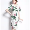 夏のファッションエレガントな女性のローズプリントドレスハイウエストAライン半袖気質210531