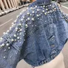 Damenjacken Herbst Frauen Korea Süße Perle Dekor Jeansjacke Bf Wind Kurze Jeans Perlen Langarm Casual Taschen Lose Mantel