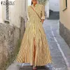 Vestido de piso de otoño para mujer 2021 Moda Vestido de impresión a rayas ZANZEA Francés elegante una línea Robe Longue Lady Holiday Shirt Vestidos Y1204