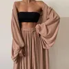 Sexy Women Three Piece Sets Fashion Casual Wrap Solid Tops And Wide Leg Pants Suits Elegant Soft Female 3 Piece Outfits