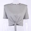 여성 캐주얼 탑 코튼 티셔츠 여름 높은 허리 어깨 패드 짧은 소매 매듭 탑 하이 스트리트 기본 단단한 패션 옷 210422