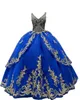 2022 Royal Blue Gold Quinceanera Kleider V-Ausschnitt Applique Spitze Perlen Korsett Back Princess Sweet 16 Kleid Erwachsene Frauen Prom