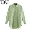 TRAF Women Fashion Pockets Oversized Button-up Corduroy Shirts Vintage Long Sleeve Asymmetric Loose Female Blouses Chic Tops 210415