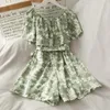 Summer Chiffon Women Casual Playsuits Off-shoulders Printed Floral Short Sleeve Ruffles Wide Leg Romper Overalls Women's Jumpsuits & Rompers