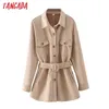 Tangada Women High Quality Suede Jacket Coat With Belt Ladies Long Sleeve Oversize Boy Friend Coat 6L7 210609