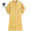 Fansilanen Biuro Ladies Yellow 100% Bawełna Krótki Rękaw Sukienka Polo Lato Kobiety Luźna Spódnica Dorywcza Seksowna 210607