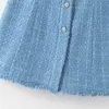Vrouwen Chique Juweel Knopen Frayed Tweed Mini Jurk Mode Backless Side Rits Bandjes Vrouwelijke Jurken Mujer 210430