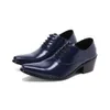 Chaussures Oxford à talons hauts pour hommes, faites à la main, en cuir véritable bleu, chaussures formelles d'affaires