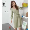 FANSILANEN Spring long sleeve black midi dress Women belt green vintage Female casual office button up shirt 210607
