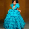 Vestidos de niña, volantes azules, tul, madre e hija, para fiesta de cumpleaños, vestidos largos de baile para desfile, niña de flores con gradas