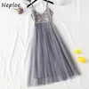 Neploe Chic Flower Embroidery Sexy Camis Dress New Mesh Patchwork High Waist Vestidos V-neck A-line Women Dresses 1H685 210423
