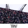 TRAF Kadınlar Moda Fırfırlar Ile Baskılı Kırpılmış Bluzlar Vintage Ince Sapanlar Ruffled Hem Kadın Gömlek Blusas Chci Tops 210415