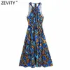 Zevity femmes Vintage Totem Graffiti imprimer sans manches licou été longue robe femme Chic nœud ceintures décontracté mince Vestidos DS8350 210603