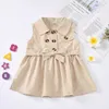 FOCUSNORM 4 Farben Schönes Kleinkind Kinder Mädchen Kleid Solide Ärmellos Umlegekragen Knopf A-Linie Mini Sommerkleid 1-6Y Q0716