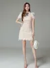 Summer Women Dress Puff Sleeve Patchwork Mesh High-End Korean Bow Sheath Lace Dresses 210529