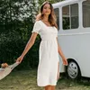 Frauen Rüschen Boho Casual hohe Taille Laterne Baumwolle Party A-Linie solide weiche Dame elastische Frühling Sommerkleid 210414